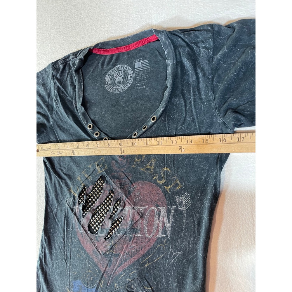 Affliction American Customs Womens Small Studded Distressed Graphic T-Shirt Grey - Picture 9 of 10